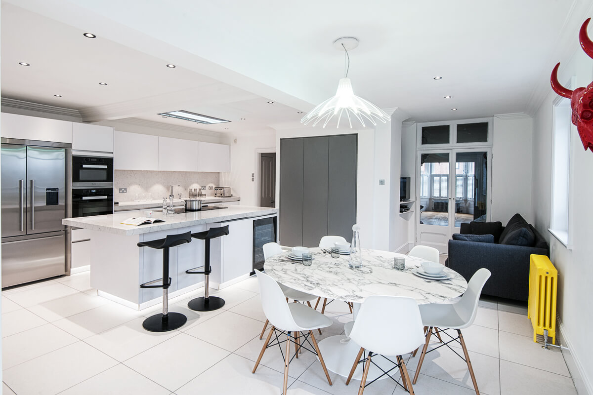 Gloss white and dust grey kitchen